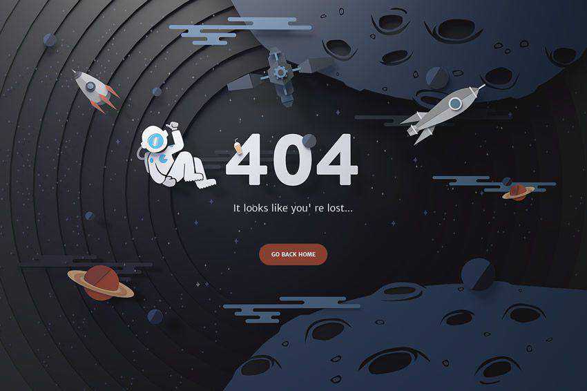 Illustrated Space 404 page not found web design inspiration