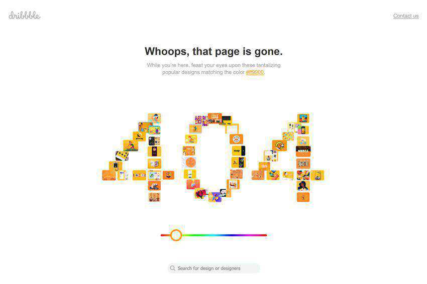 The Dribbble 404 page not found web design inspiration