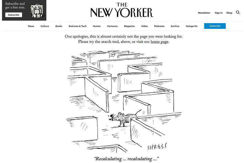 The New Yorker 404 page not found web design inspiration