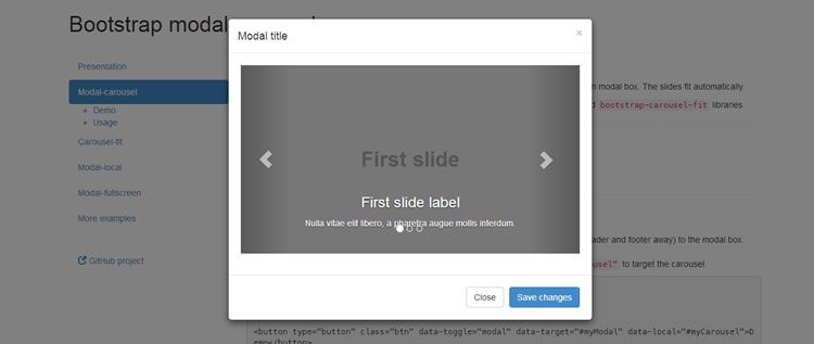 collection plugins displaying carousel fullscreen modal window extending Bootstrap