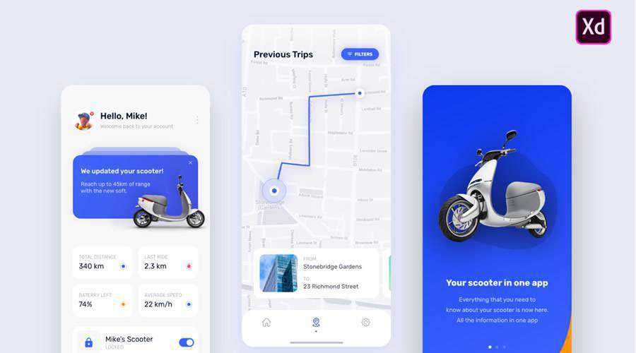 e-Scooter free mobile app ui kit Adobe XD ios android