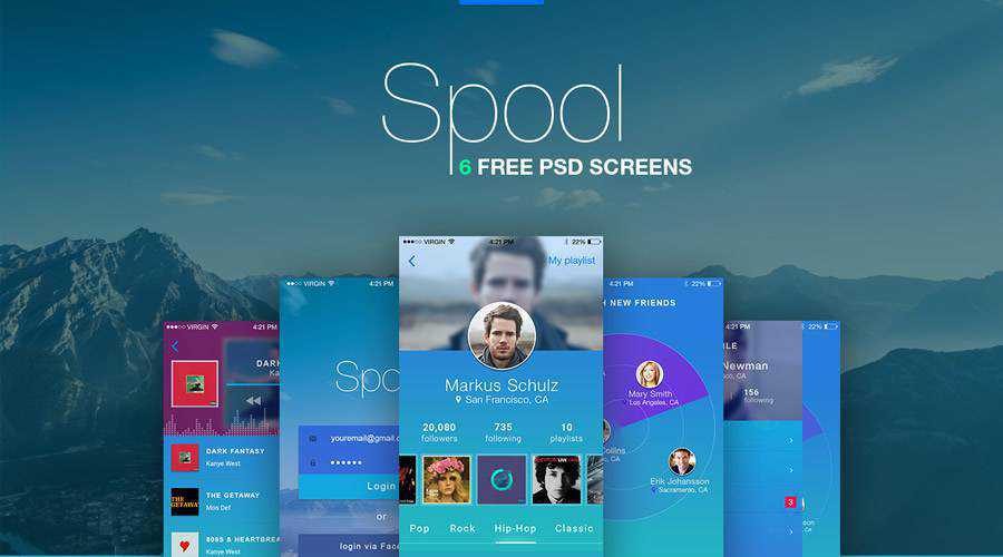 Spool free mobile app ui kit Photoshop PSD ios android