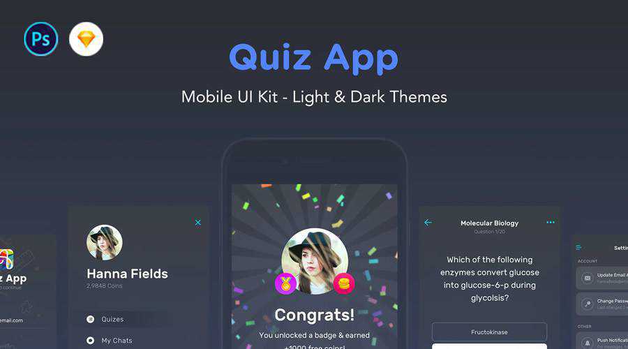 Quiz free mobile app ui kit Sketch Photoshop PSD ios android
