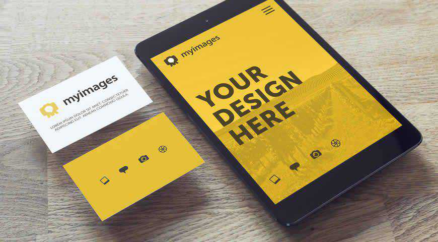 Tablet and Business Cards on Wooden Table Photoshop PSD Mockup Template