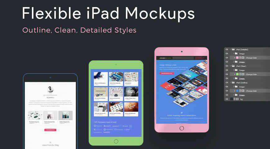 Flexible iPad Mockup Templates Detailed Clean Outline Photoshop PSD Mockup Template
