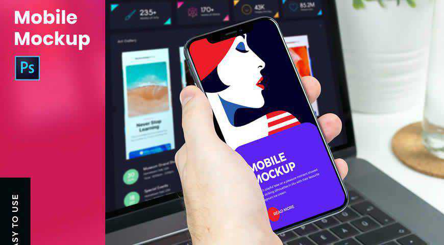 Mobile With Hand Photoshop PSD Mockup Template