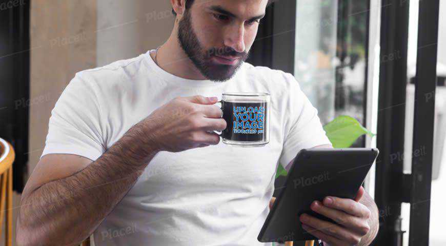 Man Drinking Coffee From a Glass Mug Photoshop PSD Mockup Template