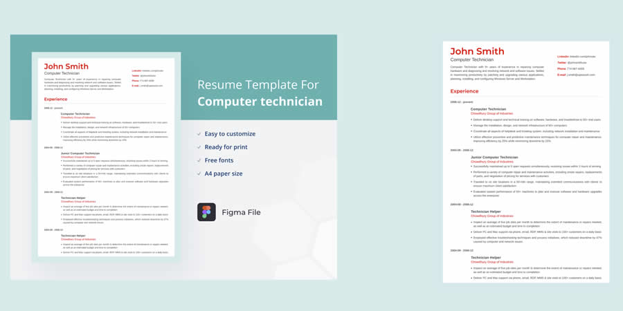 Computer Technician Resume CV Template Job Application Figma Design