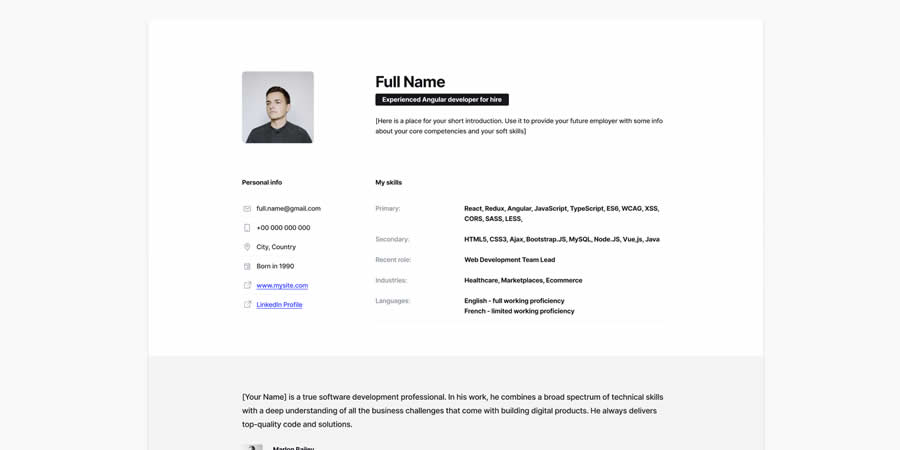 Angular JS Developer Resume CV Template Job Application Figma Design